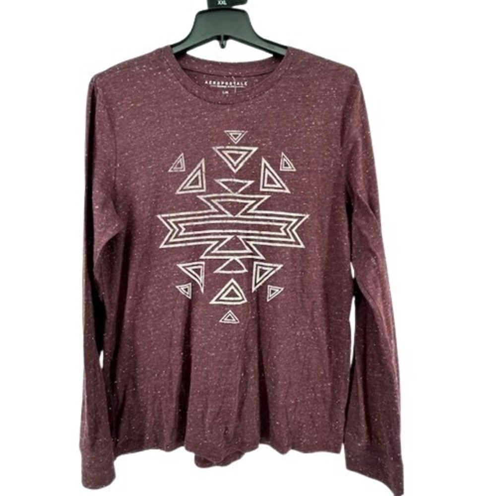 Aeropostale Mens Long Sleeve Graphic Tee Burgundy Heather Tribal Geometric L